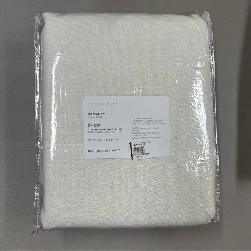 Pottery Barn Emery Linen Grommet Blackout Curtain Ivory Window Panel 50 x 96 NWT